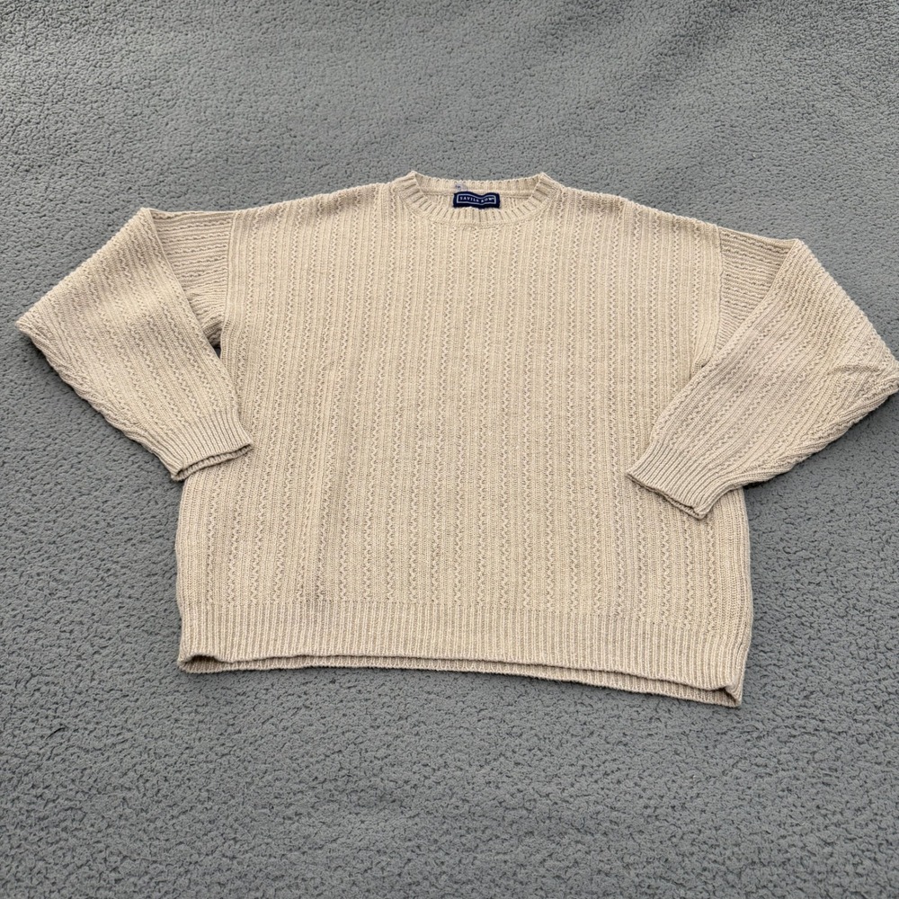 VTG Savile Row Sweater Mens M Cream Ramie Cotton Textured Cable Knit Crewneck